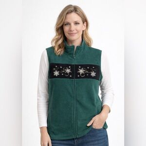 Basic Editions Green Fleece Vest Snowflake‎ Embroidery Zip Up Collar Winter XL
